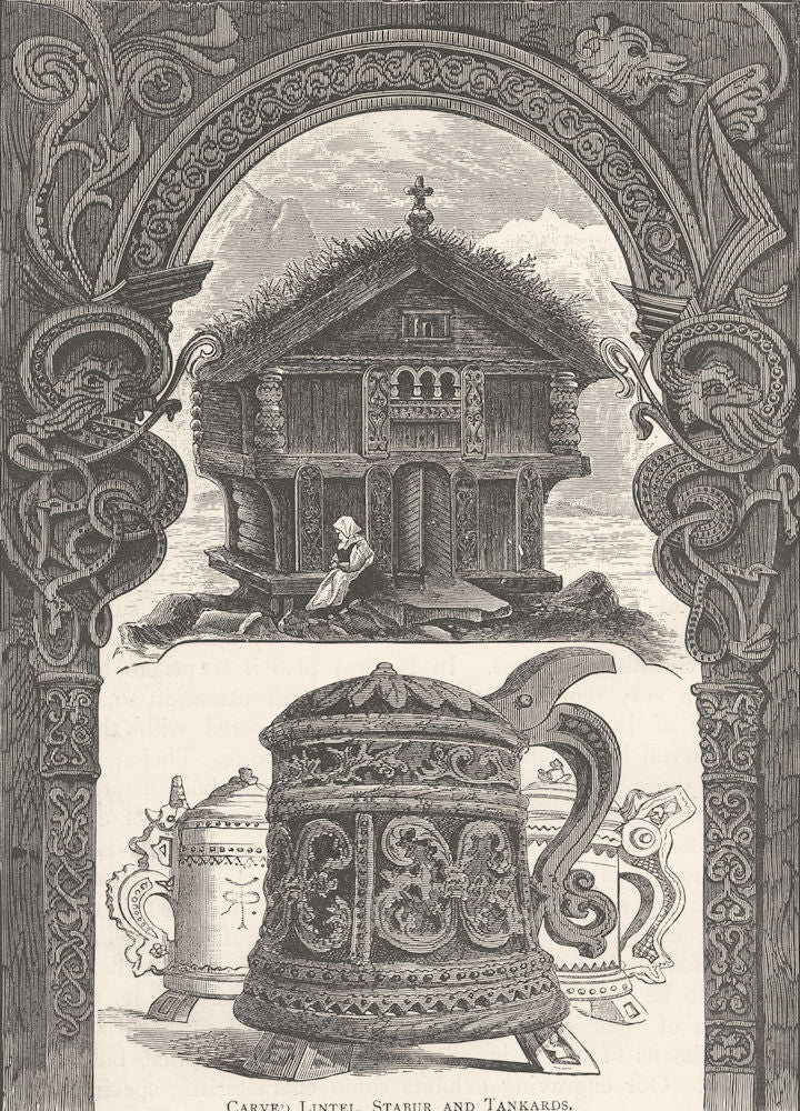 NORWAY. Carved Lintel, Stabur and Tankards 1890 old antique print picture